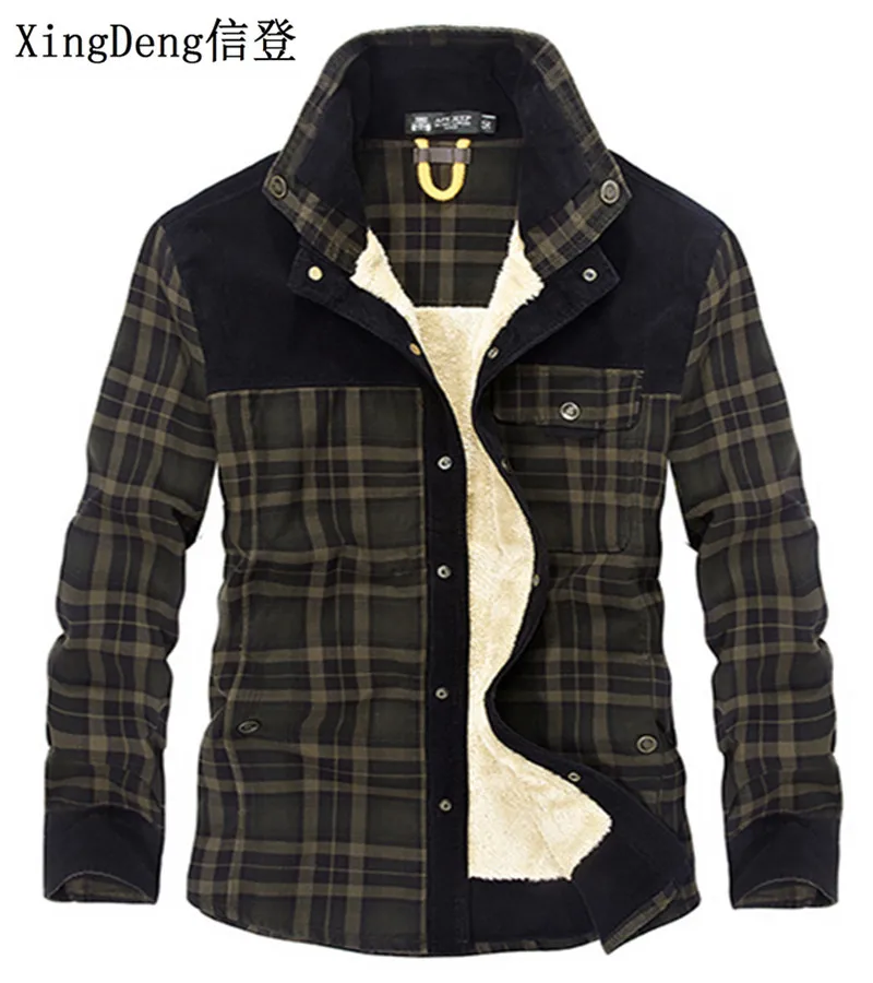 

XingDeng 100% Cotton Plaid Mens fashion Military Fleece Shirt Warm Male Shirt Army Men's Dress Shirts Blouses top clothes