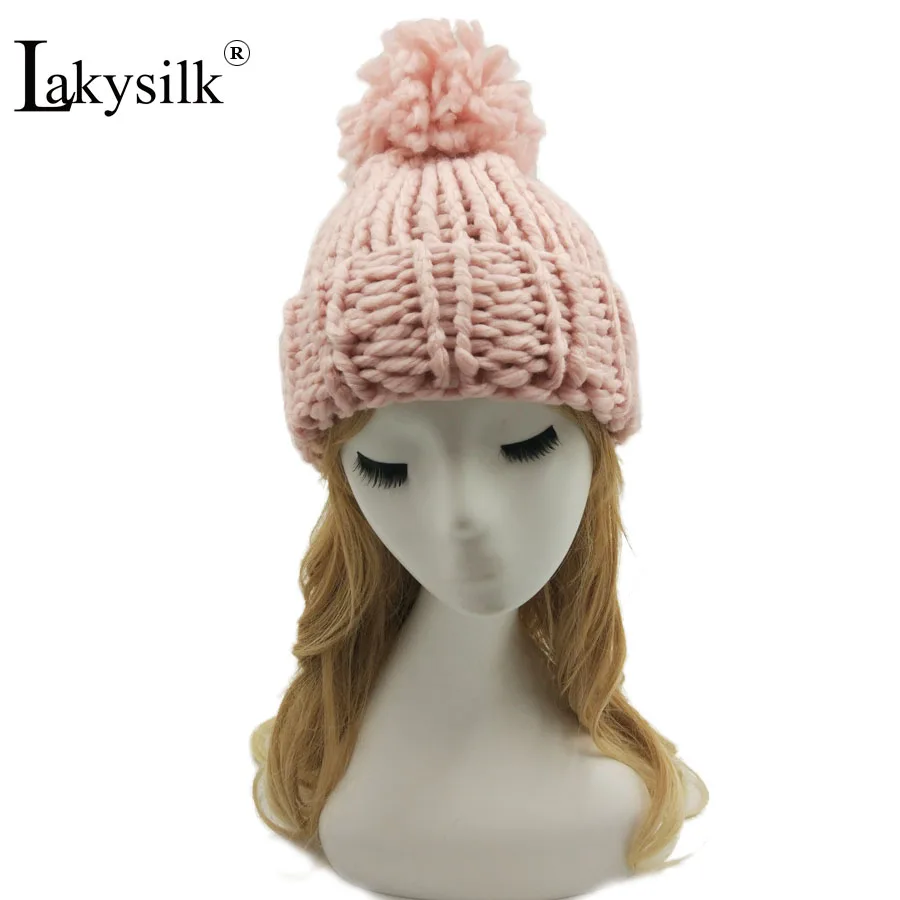 [Lakysilk] розовая вязаная шапка унисекс, женские шапки бини, Женская милая шапка с помпоном, модная плотная теплая мягкая шапка Skullies& Beanies для девочек