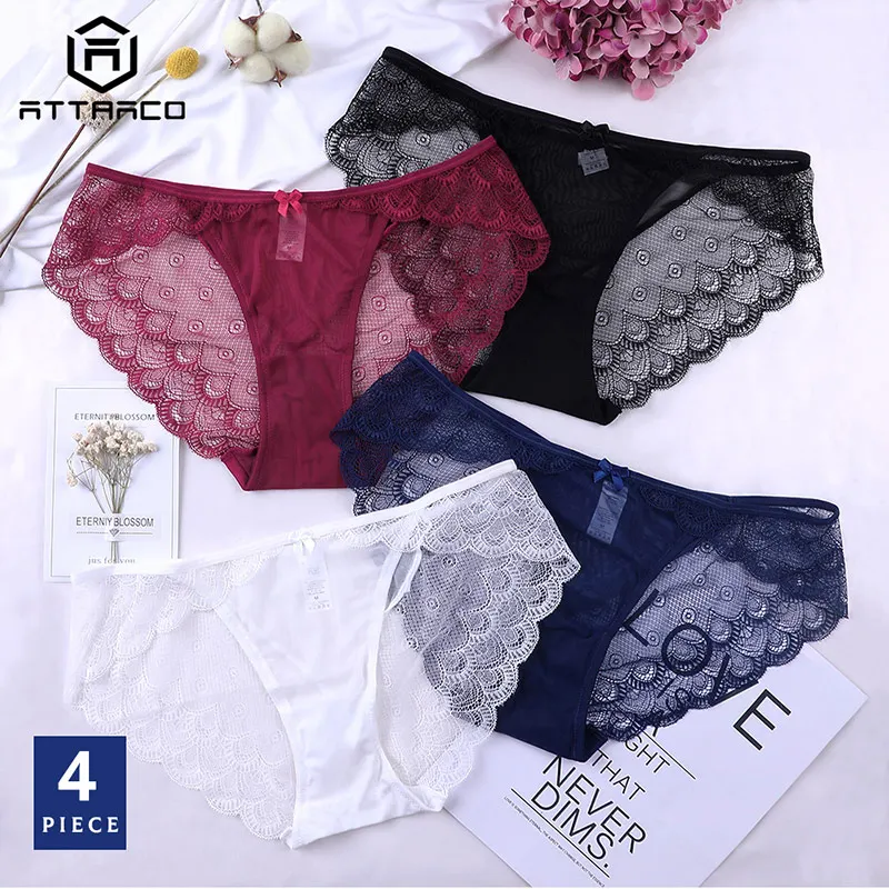 4 in pack Attrico, женское нижнее белье, трусики, кружевные хипстерские трусики с v-образным вырезом, хлопок, 4 упаковки, Cueca Calcinha Tanga, прозрачные трусики с кружевным краем - Цвет: 4 in pack