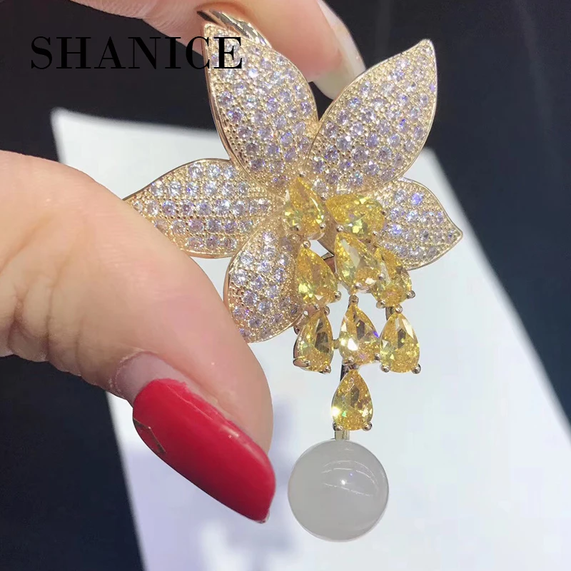 SHANICE Искрящийся цветок полный CZ Женская брошь букет большие броши заколки для хиджаба и хрустальные броши с искусственным жемчугом свадебный подарок
