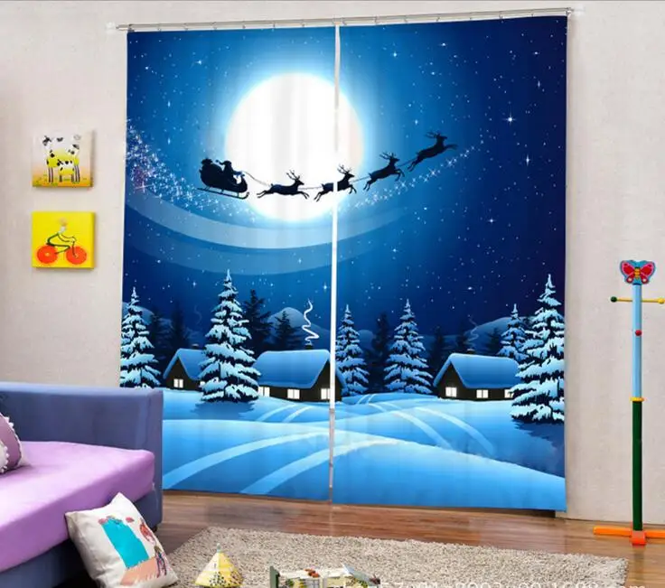 

Blue Santa Claus 3D Window Curtain Luxury Blackout Living Room kids Bedroom Decor Cortina Drapes Rideaux Custom size pillowcase