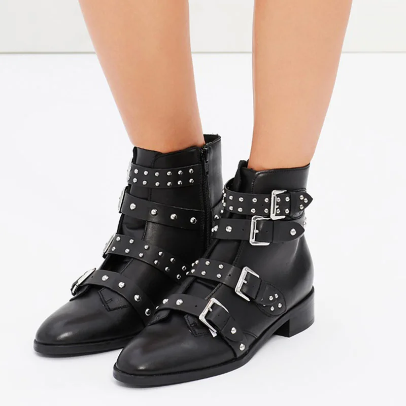 Черные женские ботинки с заклепками в стиле панк весенние на молнии закругленным