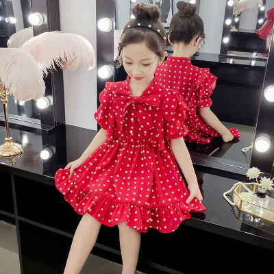 chiffon red green white girl dress summer teenage girls dresses 2019 elegant 10 year dot cute | Детская одежда и обувь