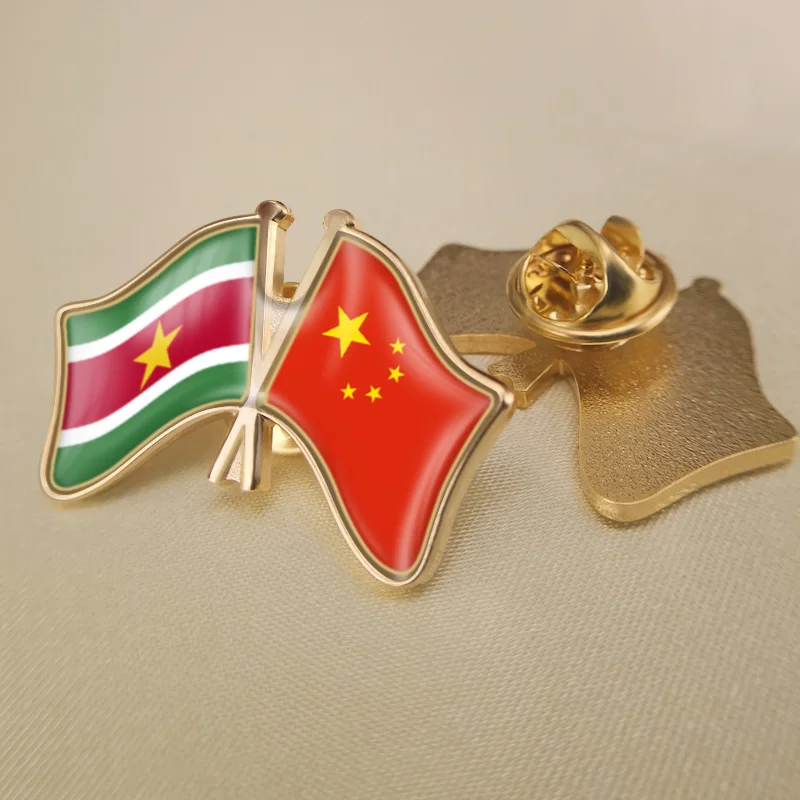 Suriname and China Crossed Double Friendship Flags Lapel Pins Brooch Badges