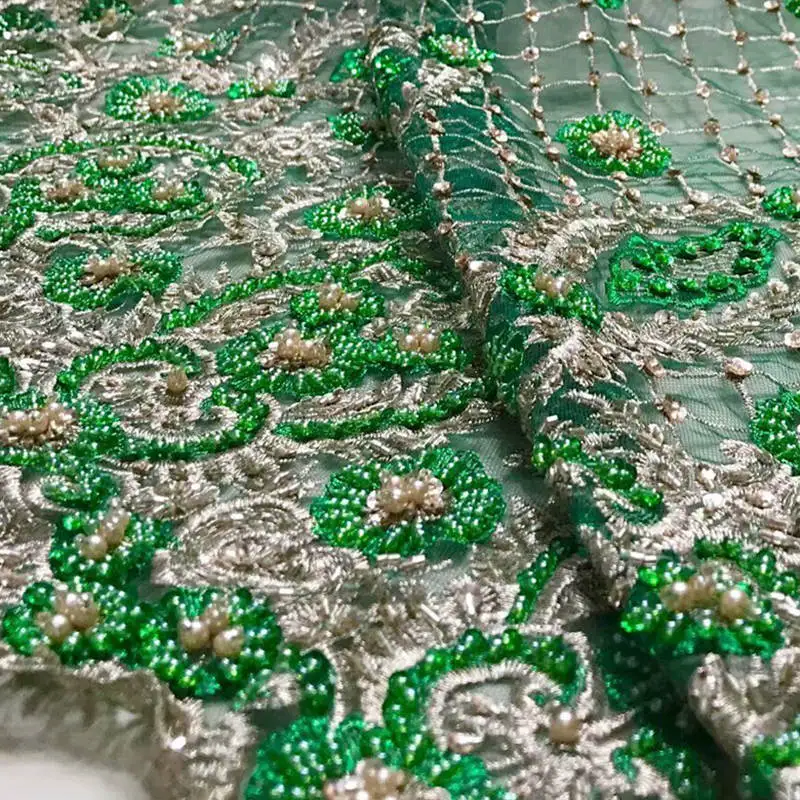 5 yards handmade green french lace African tulle fabric for garment sewing high quality with lots of beads sequin RG604 | Дом и сад