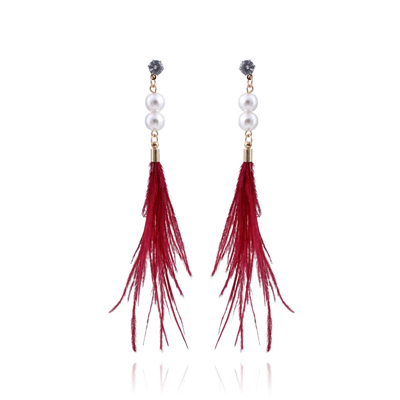 Женские серьги капельки Boho длинные из натурального страусиного пера с