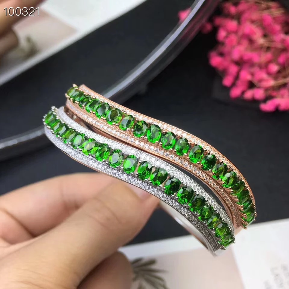 Natural green diopside gem bangle S925 silver natural gemstone Fashion elegance surround Row wave woman birthday gift | Украшения и