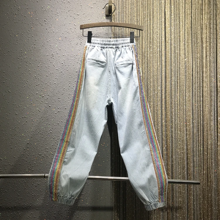 

European New Fashion Side Water Drill Jeans Pants 2019 Spring and Summer High Waist Denim Trousers Women's Harem Pants