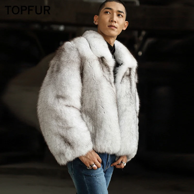 Мужская куртка с натуральным лисьим мехом белая воротником из натуральной кожи