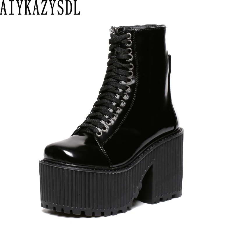 

AIYKAZYSDL Women Punk Gothic Boots Chunky Heel Bootie Thick Bottom Platform Block High Heel Motorcycle Biker Ankle Boots Shoes