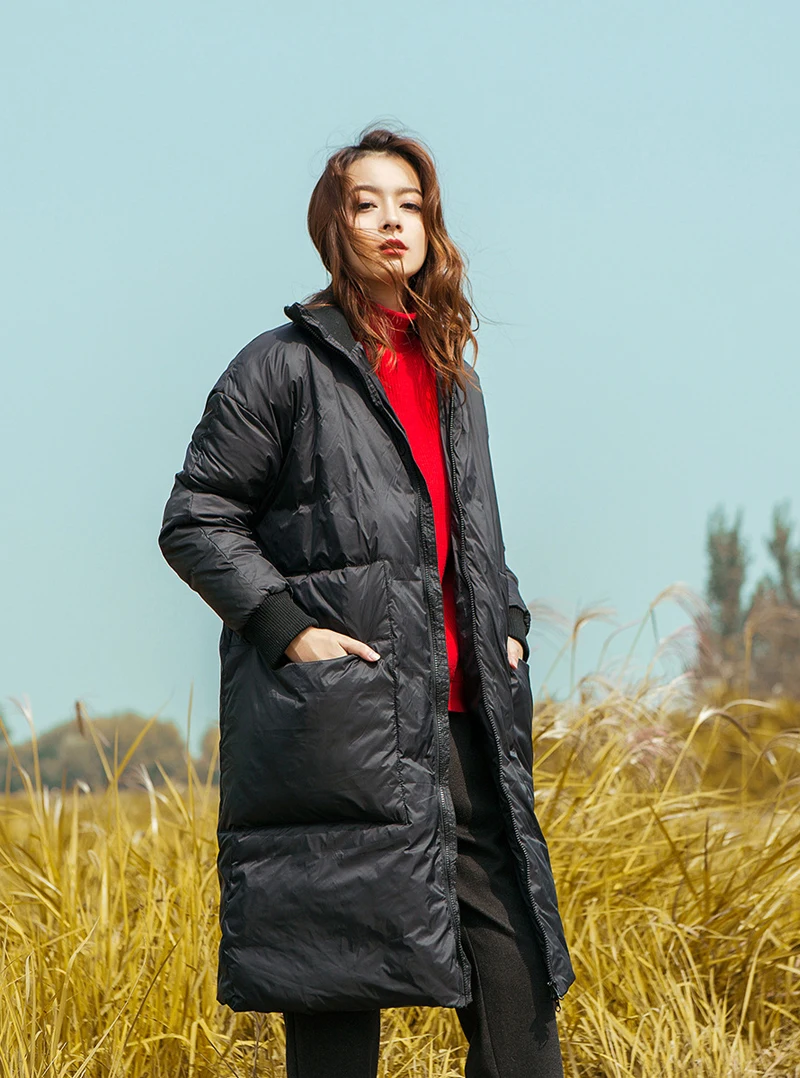 YNZZU Winter Yellow Women's Down Jacket Casual Long Duck Down Coat Women Stand Collar Warm Fluffy Female Jacket YO721