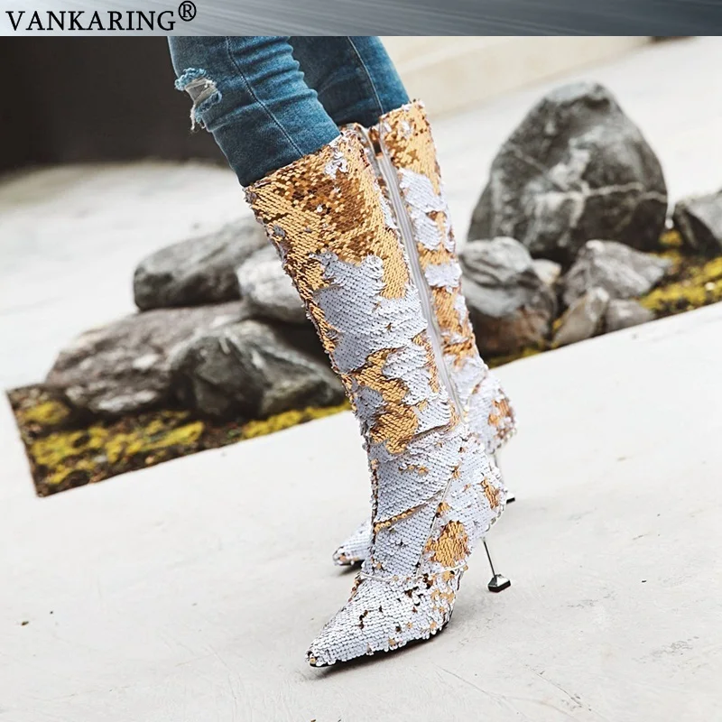 VANKARING/костюмы на Хэллоуин; женские мотоциклетные ботинки золотого и серебряного цвета; женские сапоги до колена на высоком каблуке; маскарадный костюм обувь; зимние женские сапоги