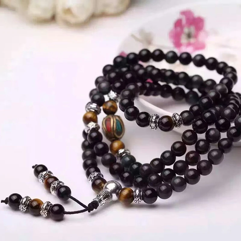 Браслеты из черного обсидиана с натуральными камнями бусины диаметром 108 дюйма