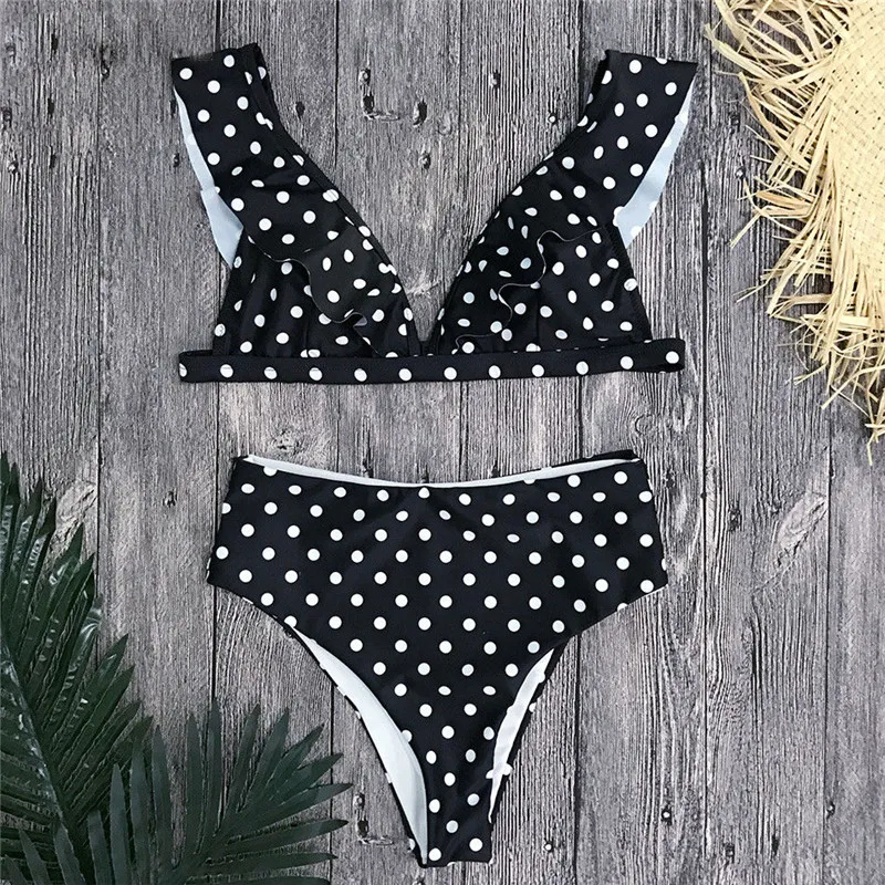 

Sexy Swimwear Bandage Push Up Bra Dot Ruffled V-neck Swimsuit Bikini Set Two Color Lady biquinis feminino 2019 New Hot Summer