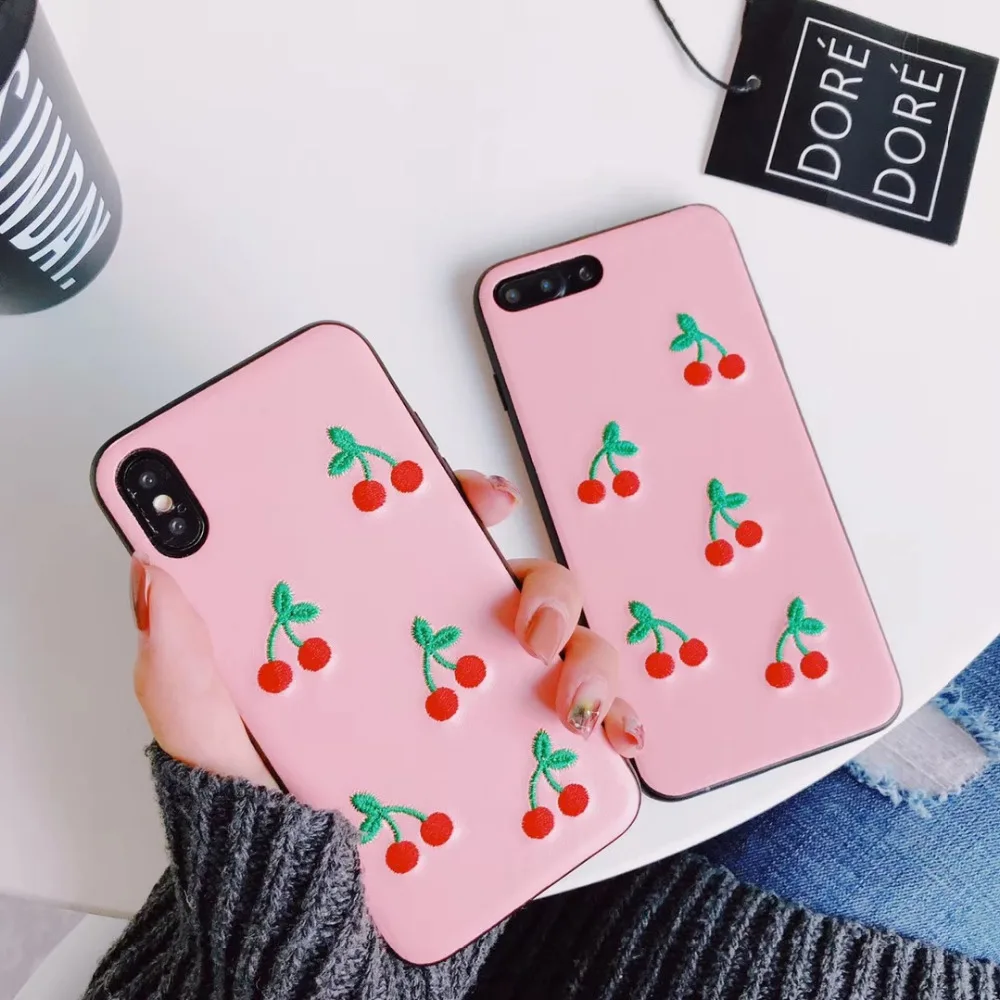Fashion Artsy Korean Exquisite Fresh Embroidery Fruit Strawberry Cherry Candy Color Warm Phone Case For IphoneXS/6/7/8plus |