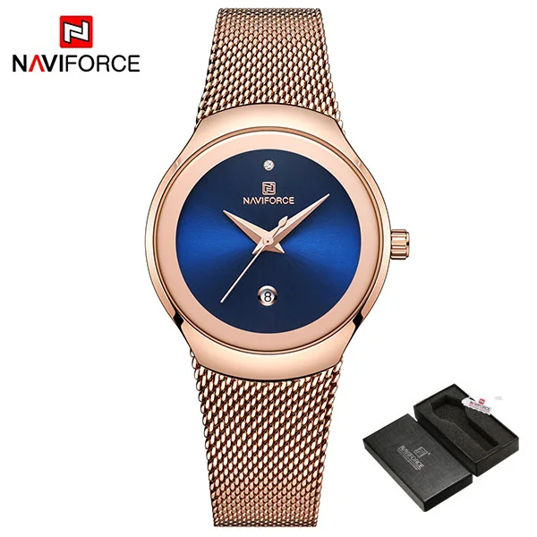 RoseGoldBlueBox NAVIFORCE женские часы модные женские наручные часы Роскошные Кварцевые часы Женские часы из нержавеющей стали с сетчатым браслетом Bayan Kol Saati - Цвет: RoseGoldBlueBox