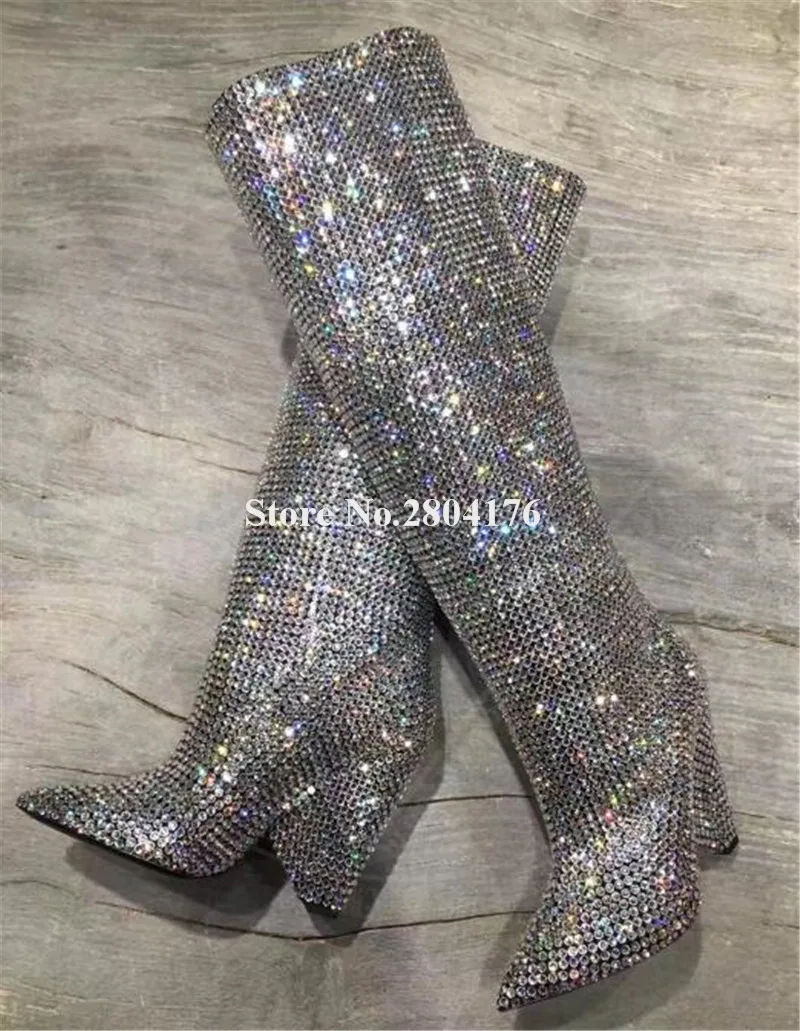 Новейшая модель Роскошные блестящие женские сапоги до колена с острым носком и