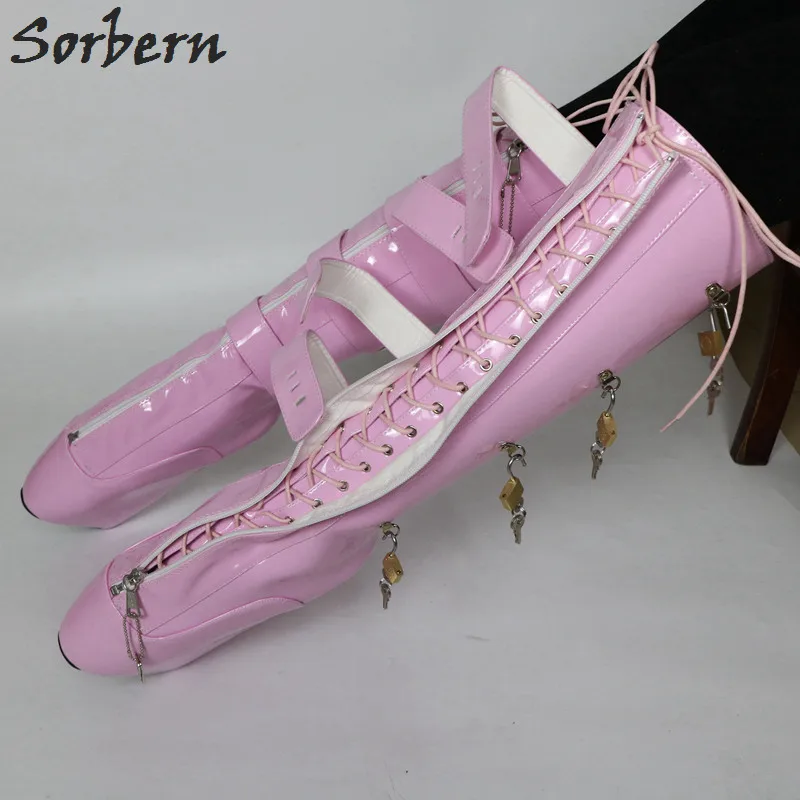 Женские блестящие балетные сапоги Sorbern розовые до колена на танкетке с замком и