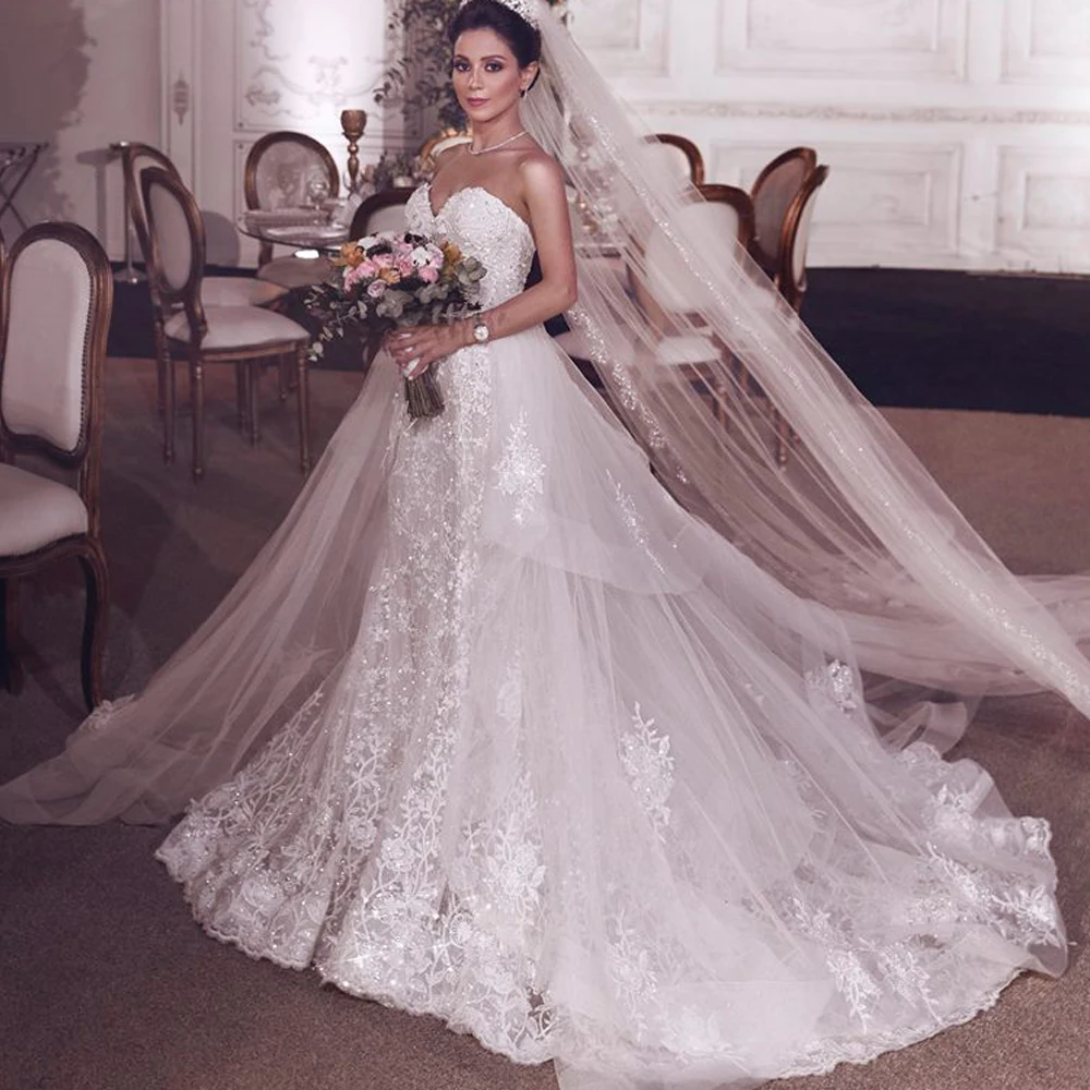 wedding dresses 2019 detachable train lace appliques tulle sweetheart neckline bridal vestidos de noiva arabic | Свадьбы и торжества