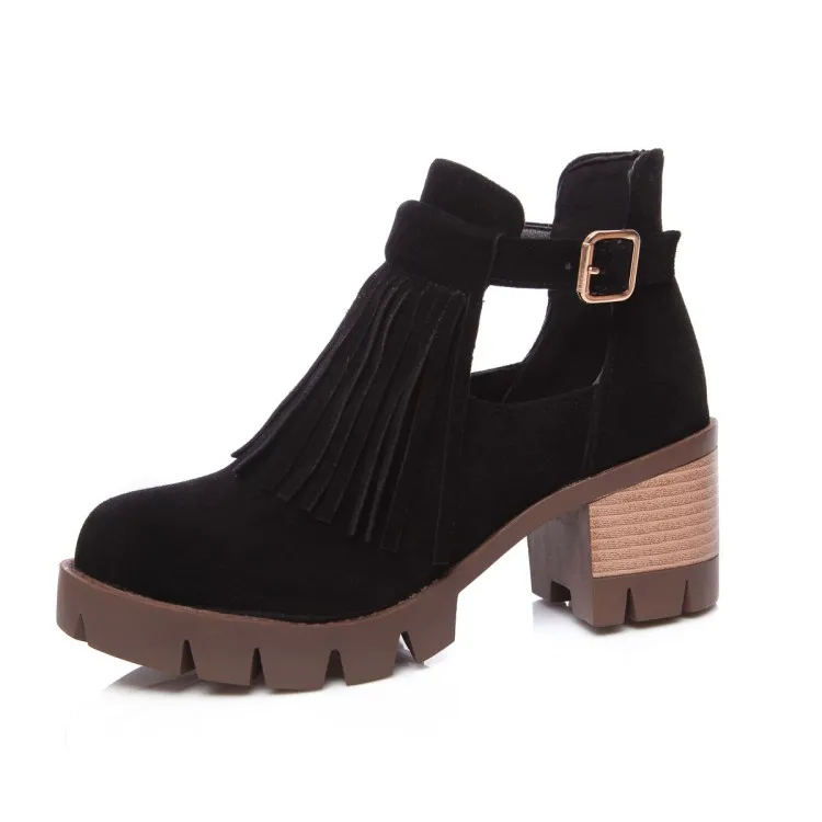 ENMAYLA Fashion Autumn Cut Out Shoes Woman Tassel Close Toe Buckle Ankle Boots for Women Faux Suede Round Black | Обувь