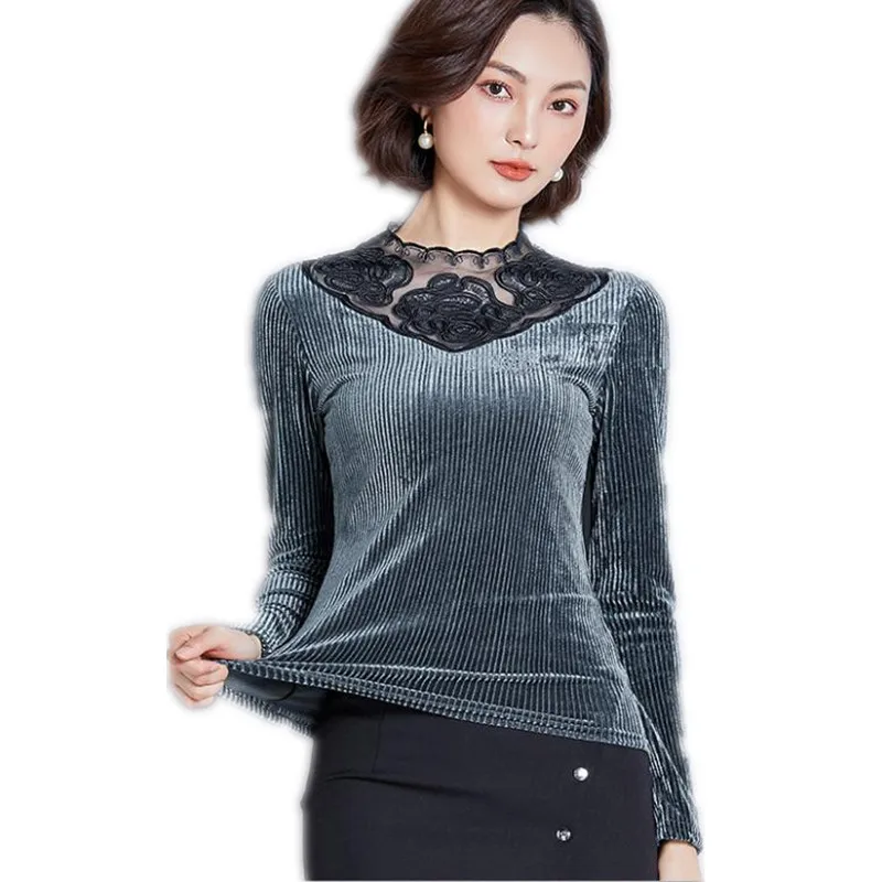 

New Arrival Elegant Pleuche Women Shirts 2019 Short Autumn Blouses Long Sleeve Lace Half-Neck Shirt Hollow Out Shirts MujerQ1230