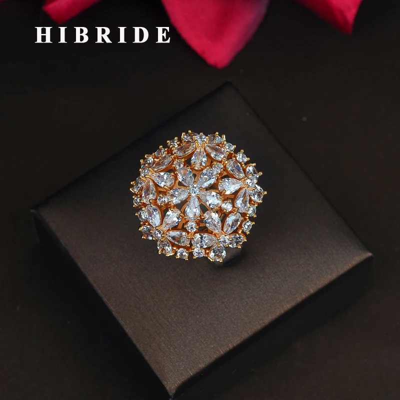 

HIBRIDE New Arrival Luxury Sparkling AAA+ Cubic Zirconia Ring For Women Gold Color Accessories Jewelry Gifts Free Shipping R-209