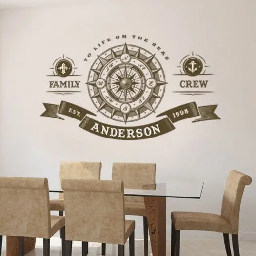 

Compass Rose Wall Decal Custom Family Name Crew Vinyl Wall Sticker Nautical Home Decor Personalized Family Wall Art Mural AY1276