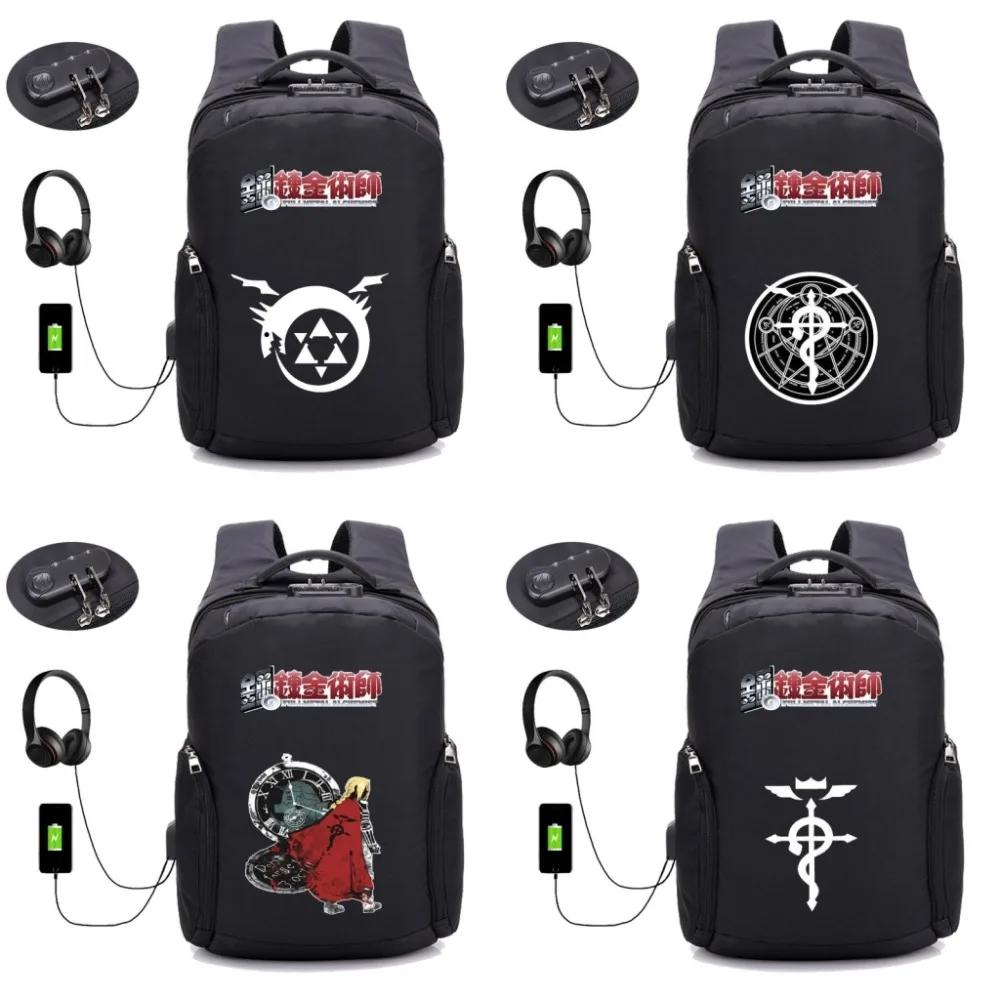 Аниме Стальной алхимический рюкзак USBUSB внешним отверстием дорожные сумки Для