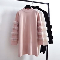 fashion rabbit real fur sweater dress autumn long sleeve splice jumpers women long sweaters knitted dresses loose clothing