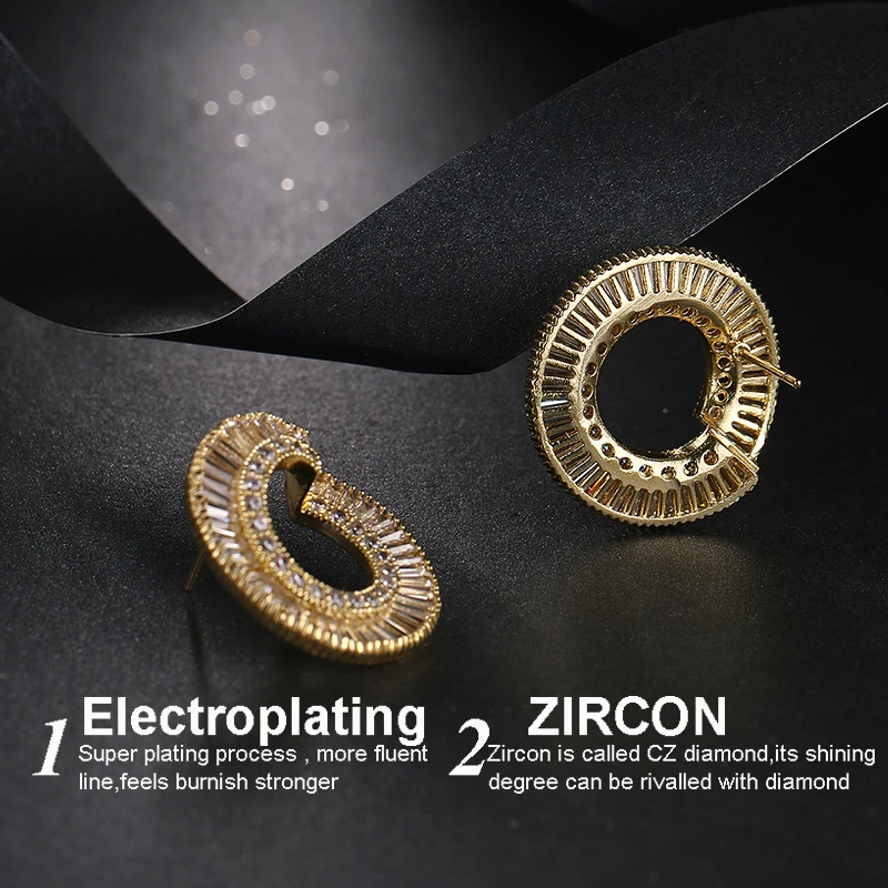 Роскошные изысканные круглые сережки-гвоздики с инкрустацией квадратные