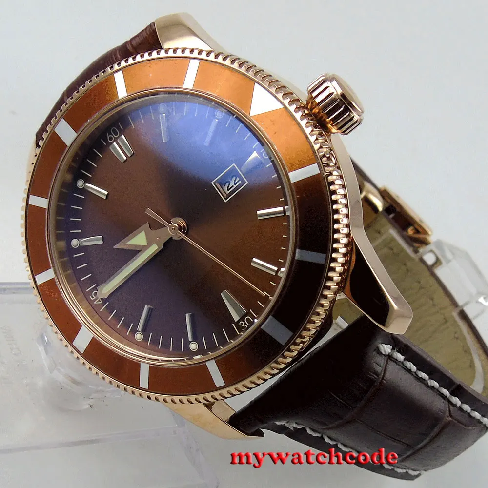 

46mm bliger brown dial rose golden case date window automatic mens watch P129