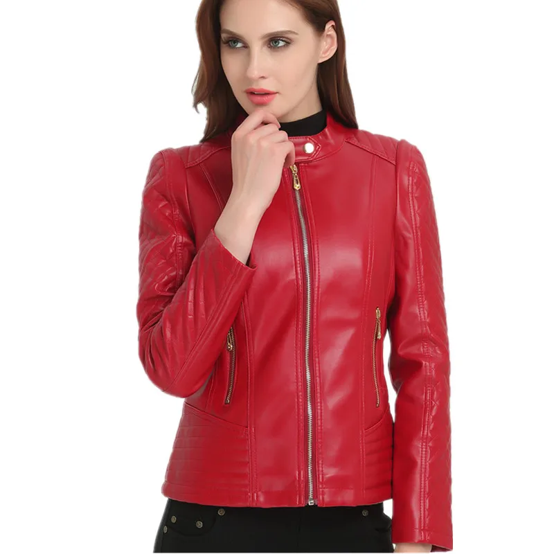 Женская кожаная куртка осенняя со стоячим замком большого размера|women's fashion leather
