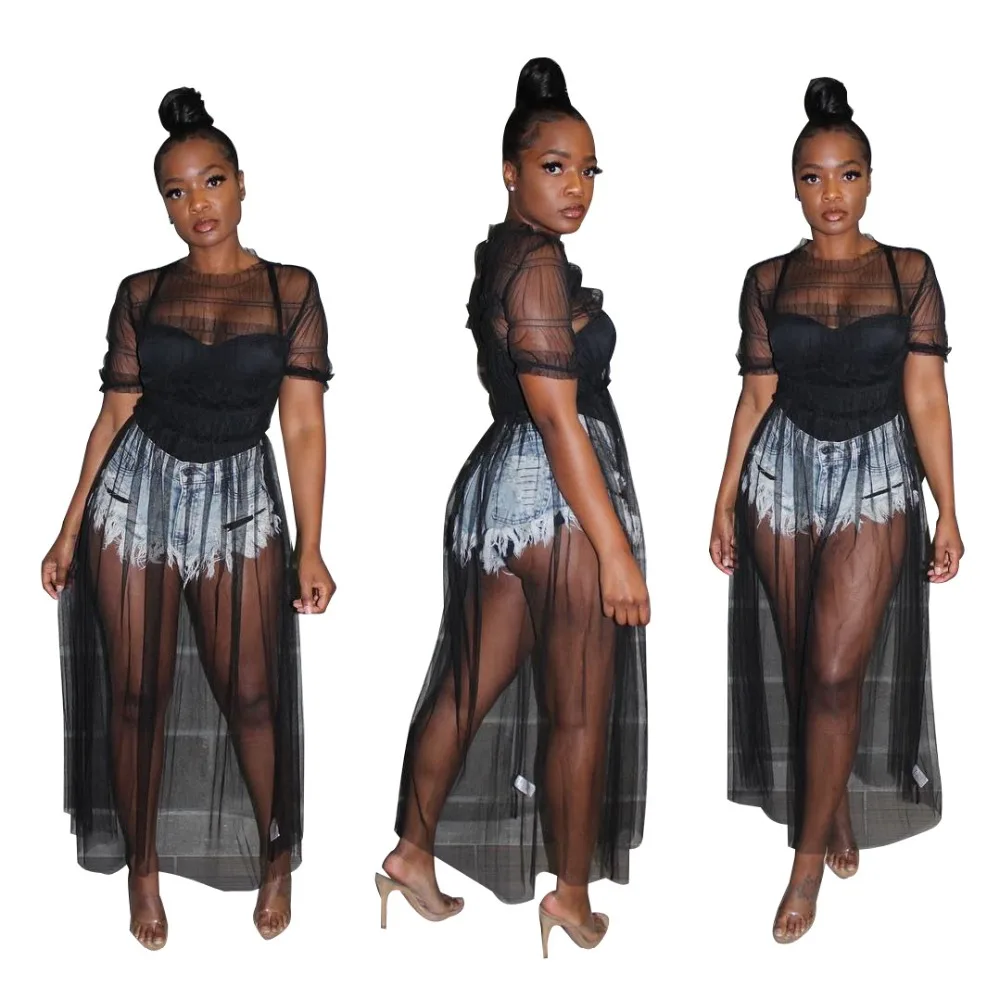 2019 летнее женское однотонное Сетчатое прозрачное вечернее платье с волнистыми