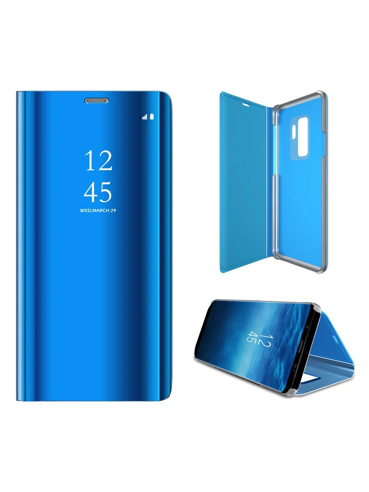 Синий Умный зеркальный кожаный Капа для samsung Galaxy J4 J6 J8 A7 A8 A9 S6 S7 край S8 S9 S10 плюс S10E A10 A30 A50 M10 M20 M30 Note 8 9 чехол - Цвет: Синий