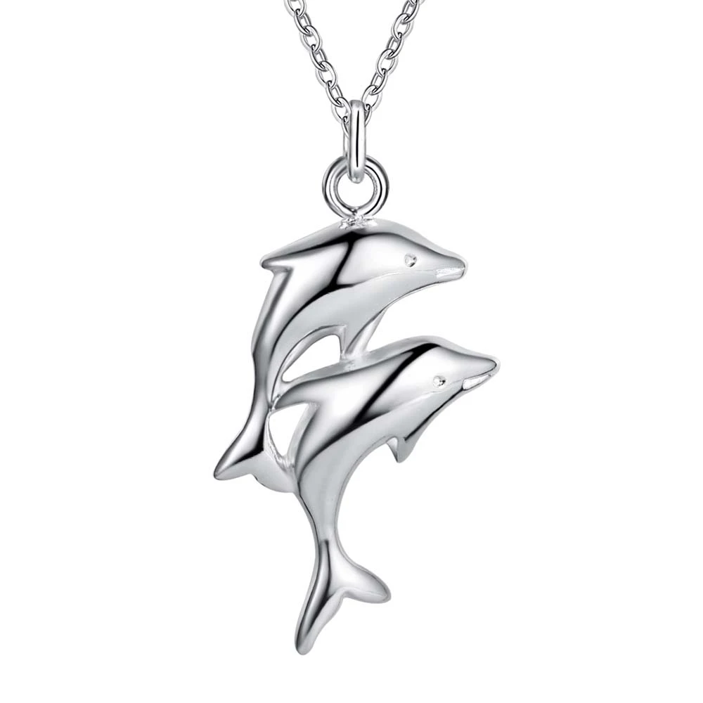 Двойной дельфинов яркое посеребренное ожерелье для женщин серебряная подвеска