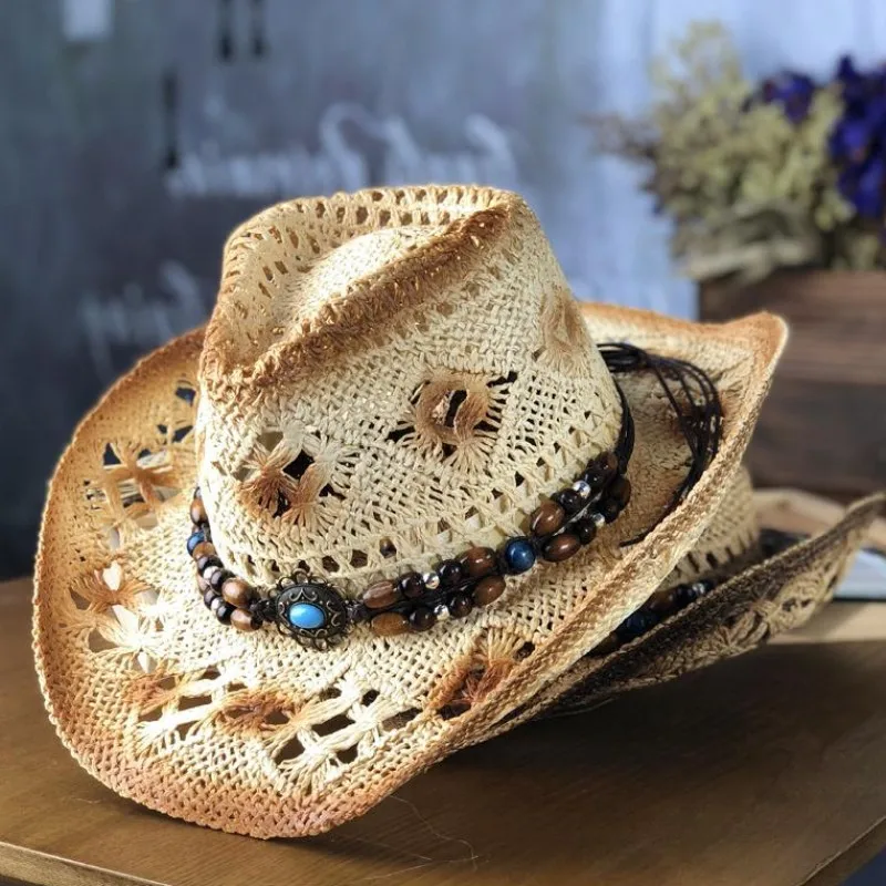 

01907-2509340 summer HANDMADE natural grass Gradual Western Cowboy fedoras cap men women leisure beach panama jazz hat