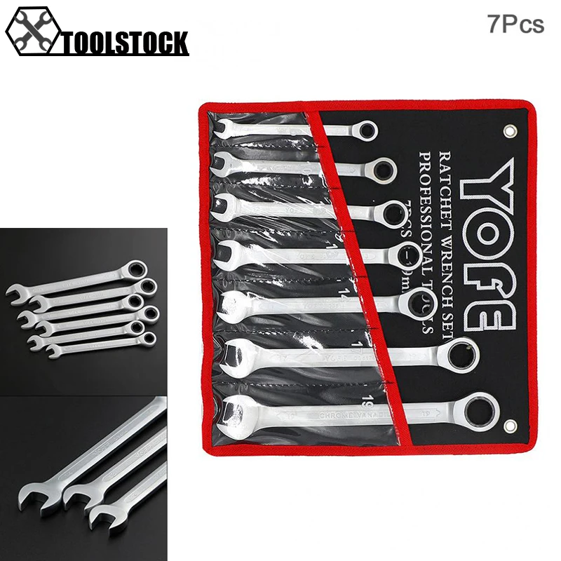 

7pcs/lot Fixed Head Ratchet Wrench Set 8mm-19mm CRV Ratchet Wrench Hardware Tools Set with Bag Combination Wrenches