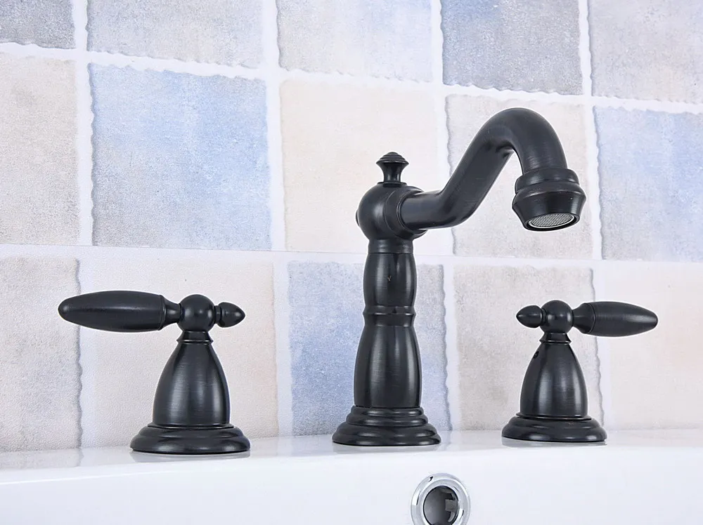 

Black Oil Rubbed Brass Deck Mounted Dual Levers Widespread Bathroom 3 Holes Basin Sink Faucet Mixer Taps msf533