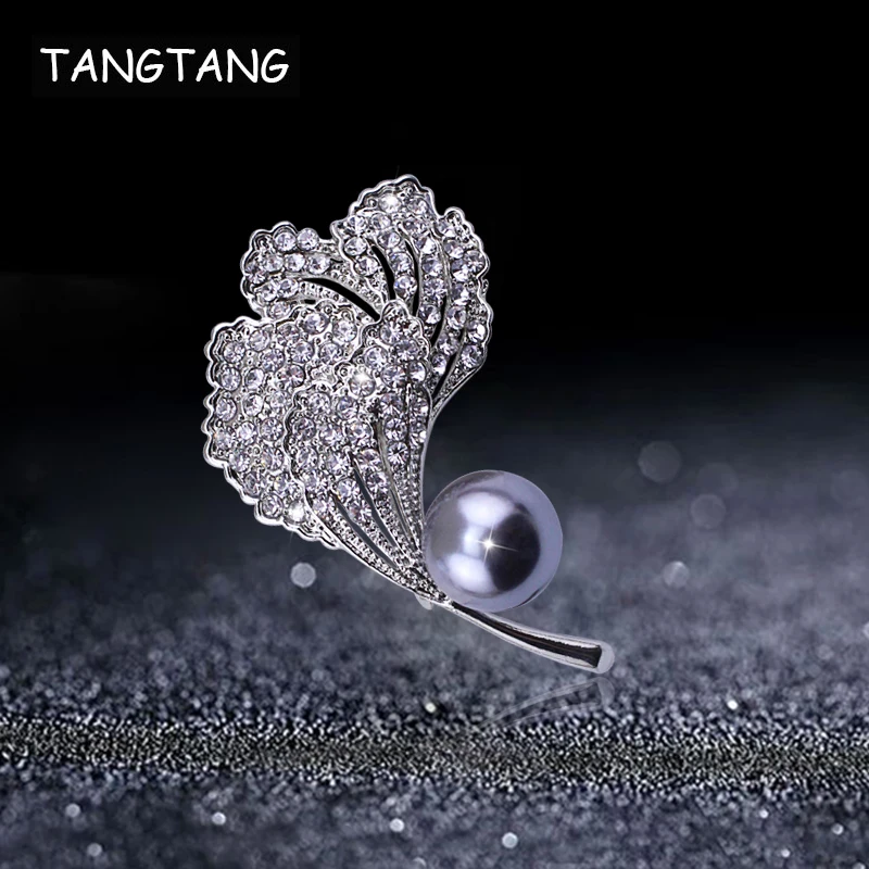 TANGTANG, ювелирная брошь, брошь в виде листьев, цветов, булавки для женщин, роскошный серый жемчуг и полностью прозрачные стразы, Милые Броши BH8408