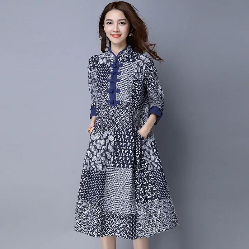 Женское платье из хлопка и льна NYFS длинное белое синее с фарфоровым узором осень