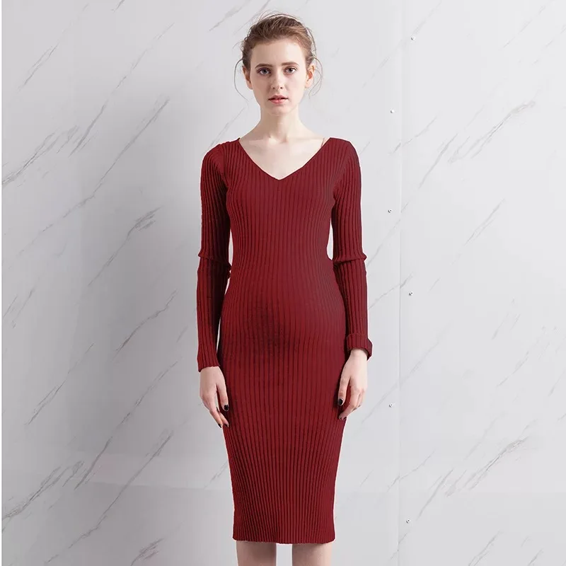 Женское трикотажное платье с V образным вырезом Осень зима|clothes for pregnant|clothes pregnant