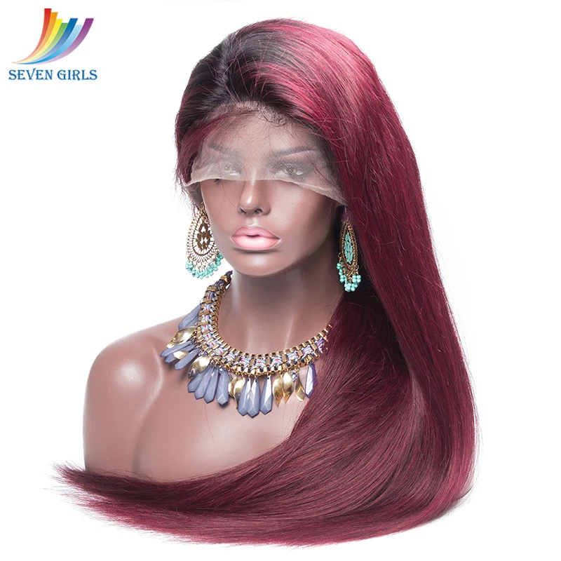 Sevengirls Glueless Ombre Цвет 1B/99J предварительно выщипанные полностью кружевные человеческие волосы парики с детскими волосами малазийские прямые девственные волосы