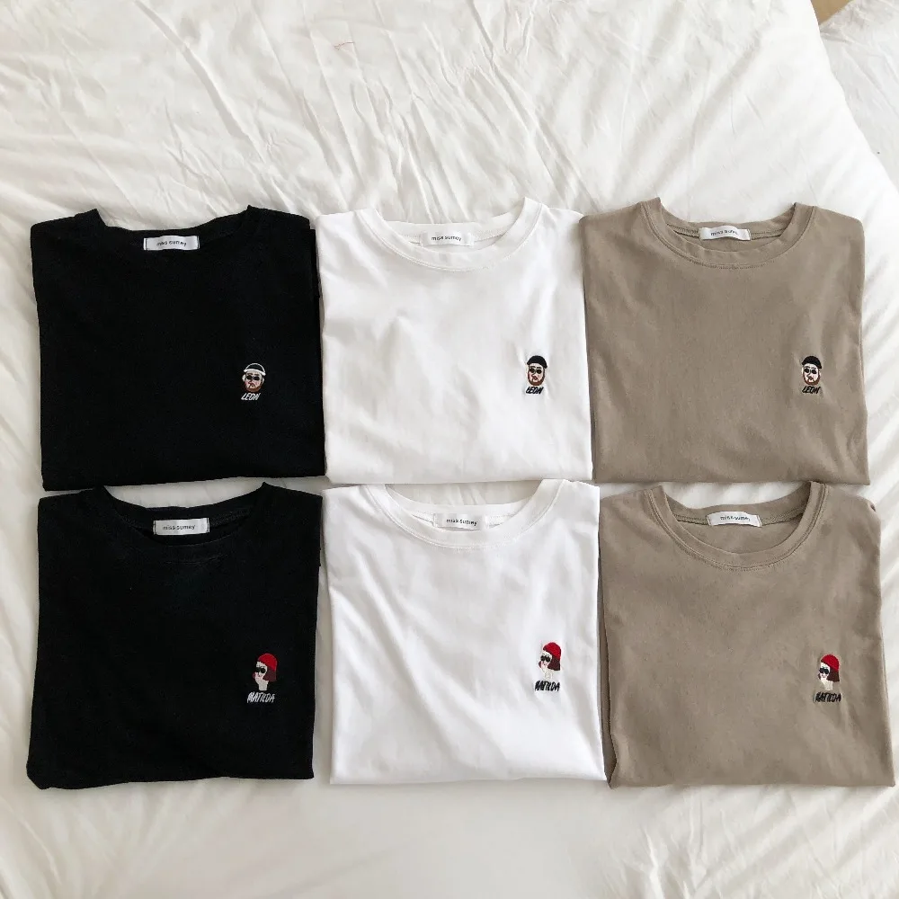 3 colors 2019 spring and summer basic loose cartoon letter embroidery o neck short sleeve t-shirts womens tee shirt femme (X217) | Женская