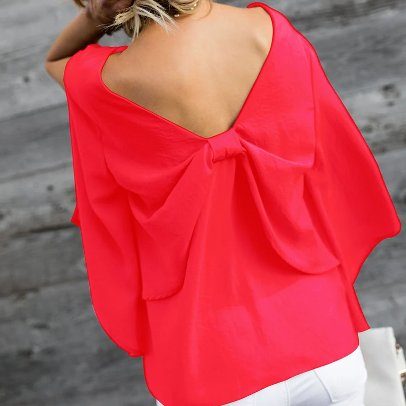 Женская шифоновая рубашка с бантом v образным вырезом длинными рукавами и