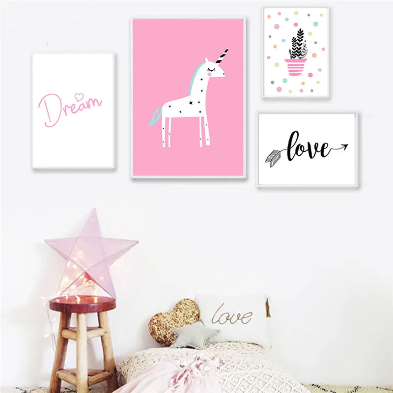 Картина на холсте "Розовый кавайный единорог" с мультяшным постером для детской комнаты, декорирование гостиной, северный декор спальни для маленькой девочки.