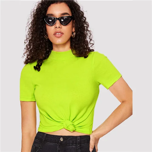 Neon Green SweatyRocks, имитирующая шею, ребристая вязка, облегающий неоновый Топ, сексуальная эластичная тонкая Базовая футболка, летняя женская уличная одежда, одноцветные футболки - Цвет: Neon Green