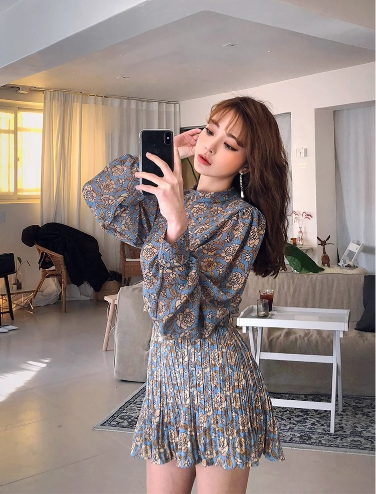 Женские платья Ins Girl Kawaii Ulzzang винтажное плиссированное платье с цветами рубашка