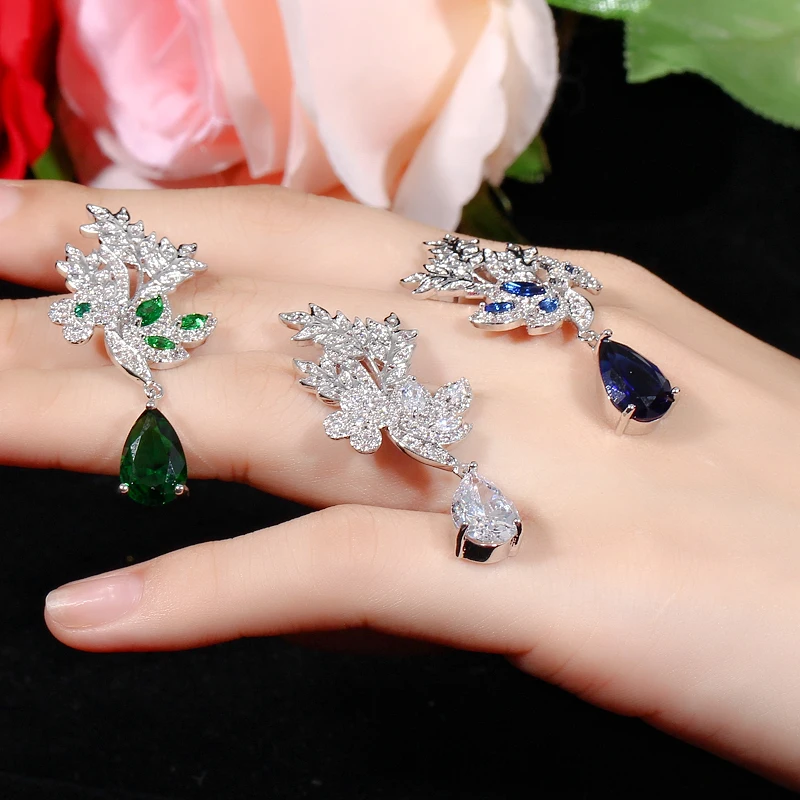 CWWZircons Брендовая Дизайнерская обувь Для женщин кубического циркония Ювелирные изделия из кристаллов серебряные Цвет Длинные Большой падение листьев серьги для Свадебная вечеринка CZ305