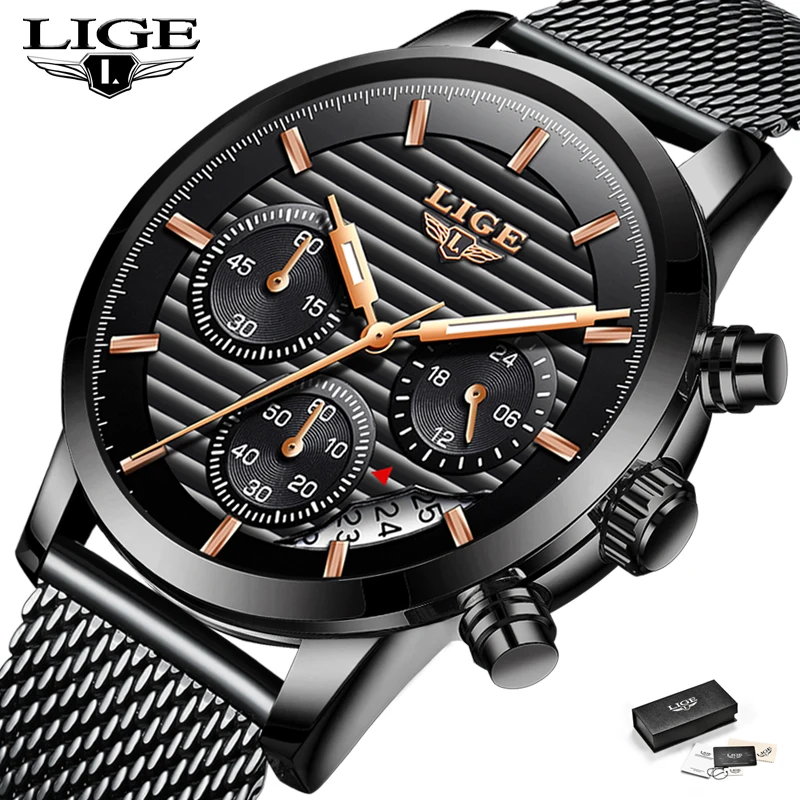 LIGE новые часы Мужские кварцевые повседневные модные с сетчатым ремешком