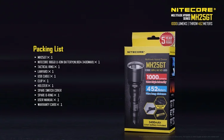 NITECORE 1000 люменов CREE XP-LH светодиодный MH25GT Охотничий комплект снаряжение для охоты, для силовых сил, военный поисковый фонарь, набор фонарей